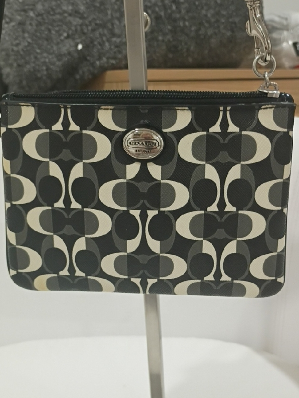 Coach Black and Cream Signature Pattern Wristlet